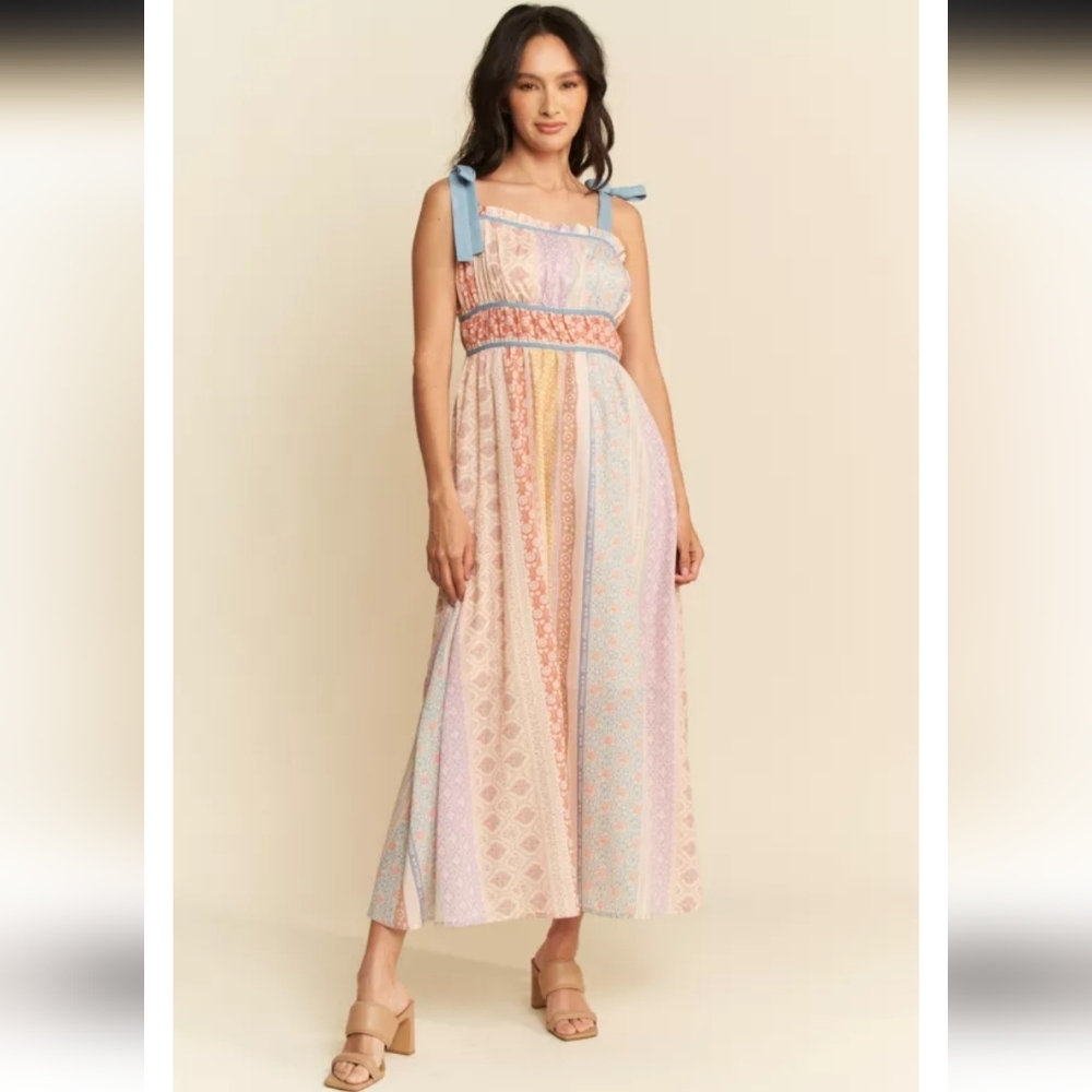 Plus *Boutique* Romantic RUFFLE TRIM SQUARE NECK TIERED STRIPED PRINT MIDI Dress
